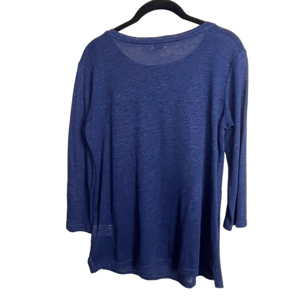 Vince Top Women XS Blue 100% Linen Silk Trim 3/4 Sleeve Scoop Neck Minimalist